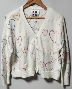 NWOT Kerri Rosenthal XOKR Women's Heart Pattern Cardigan Sweater White S